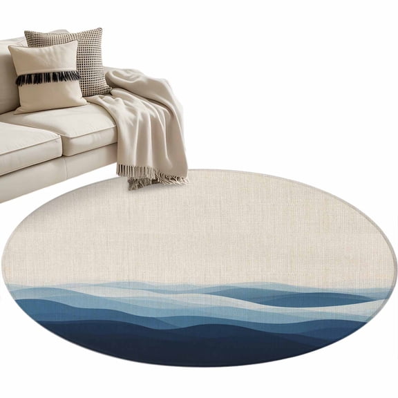 Abstract Area Rug, Blue Wave Minimalist Linen Texture Washable Large Circle Carpet, Non Slip Round Rug for Living Room/Bedroom/Dining Room/Home Office/Dorm