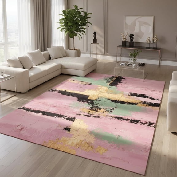 Abstract Area Rug Contemporary Sage Green Pink Gold Oil Painting Rugs Aesthetic Washable Indoor Carpet for Bedroom Living Room Nordic Art Deco Room Study Room Floor Mats-2' x 3'