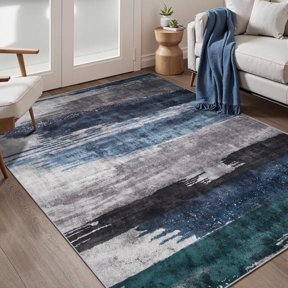 Abstract Area Rug Indoor  3x5 Washable Entryway Modern Soft Throw With Non-sliping Ideal For Bedroom Living Room Entrance Kitchen Low-pile Floor Carpet Doormat Blue Grey