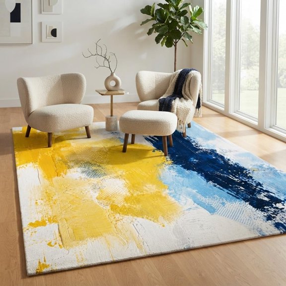 Abstract Area Rug Modern Blue Yellow Painting Indoor Rugs for Living Room,Non-Slip Low Pile Contemporary Carpet for Bedroom Playroom Dining Kitchen Home Office Floor Deco-2' x 3'