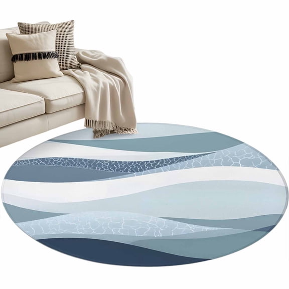 Abstract Area Rug, Sea Wave Geometric Blue Grey Gradient Water Ripple Washable Large Circle Carpet, Non Slip Round Rug for Living Room/Bedroom/Dining Room/Home Office/Dorm
