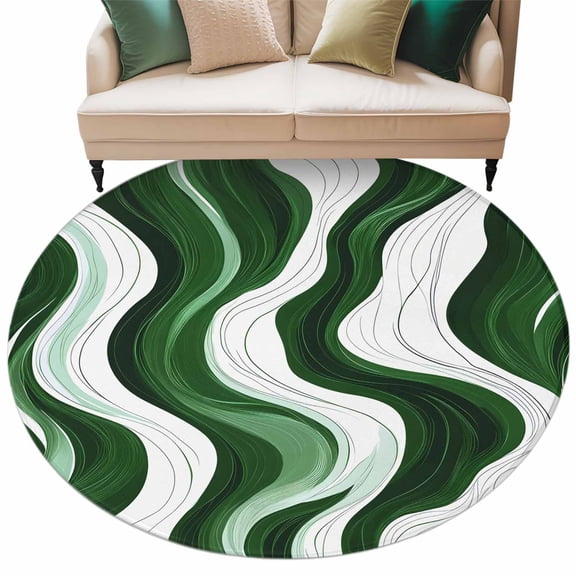 Abstract Area Rug, Wavy Lines Green and White Gradient Texture Modern Washable Large Circle Carpet, Non Slip Round Rug for Living Room/Bedroom/Dining Room/Home Office/Dorm