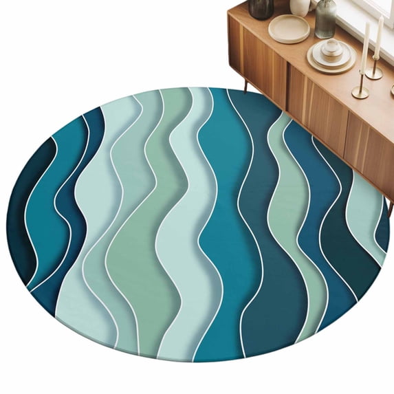 Abstract Area Rugs 3' (Round) Teal Gradient Waves Beach Lines Floor Rug ...