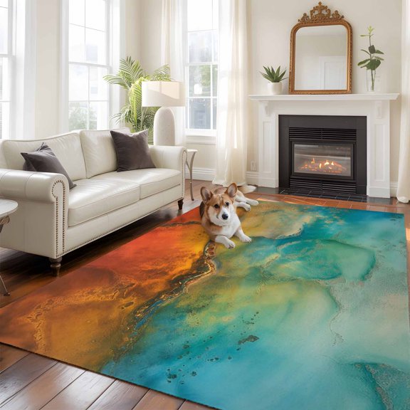 Abstract Area Rugs 5x7 ft Orange Teal Green Gradient Fluid Art Oil Painting Washable Rug Non Slip Indoor Carpet Absorbent Floor Mat for Living Room Bedroom Dining Room