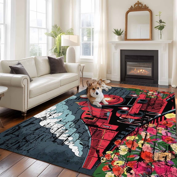 Abstract Area Rugs 5x7 ft Red Trains Flower Tunnels Distressed Texture Modern Washable Rug Non Slip Indoor Carpet Absorbent Floor Mat for Living Room Bedroom Dining Room