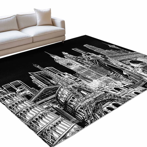 Abstract Area Rugs 6x9ft White and Black Global Landmarks Modern Collage Art Floor Rug Non Slip Low Pile Ultra Soft Throw Carpet for Entryway Indoor Entrance Kitchen Bathroom