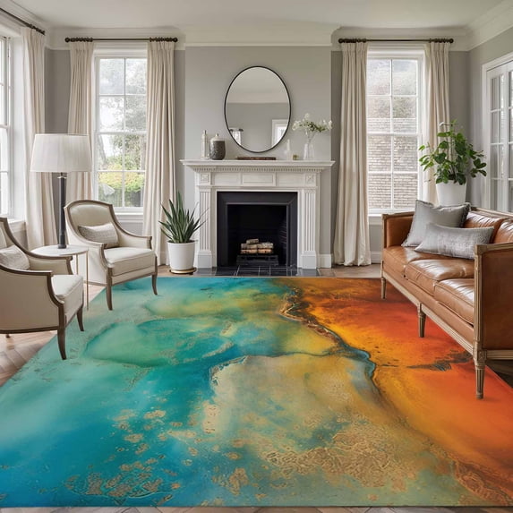 Abstract Area Rugs 8'x10', Small Throw Rugs for Living Room Patio, Orange Teal Green Gradient Fluid Modern Oil Painting Indoor Outdoor Rug Non-Slip Low Pile Carpet Runner Reversible Floor Mats