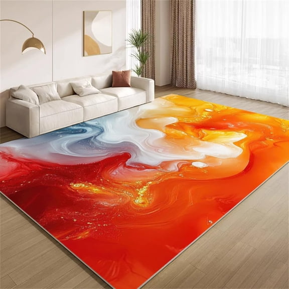Abstract Area Rugs, Burnt Orange Gold Fluid Design Carpet, Washable Non Slip Low Pile Soft Rug for Living Room Bedroom Study Decor Mat 3ftx5ft