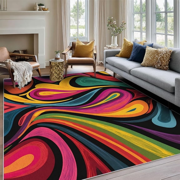 Abstract Area Rugs, Colorful Psychedelic Art Pattern Carpet, Washable Non Slip Low Pile Soft Rug for Living Room Bedroom Decor Mat 2x3ft
