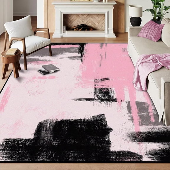 Abstract Area Rugs Pink and Black Floor Throw Rug for Girls Bedroom Guest Dining Living Room Dorm Throw Carpet Doormat Home Decor Washable-2' x 3'