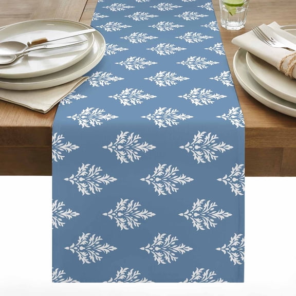 Abstract Argyle Table Runner 13x48 inch Floral Pattern Art Printing Blue Cotton Linen Dining Table Runner Ideal for Dresser Kitchen Coffee Tables - Machine Washable