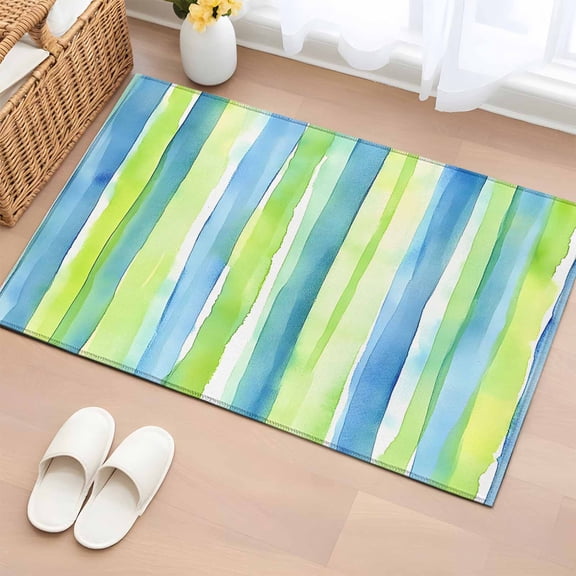 Abstract Art 2'x3' Rug for Entryway Front Door Kitchen Sink Area, Blue Green Line Stripes Gradient Modern Art Low Pile Washable Non Slip Rectangle Area Rug