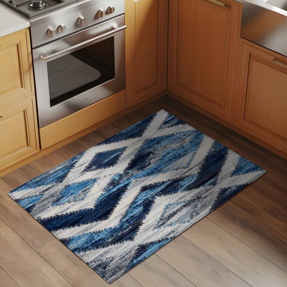 Abstract Art 2x3 Rug for Entryway Front Door Kitchen Sink Area, Blue White Gray Geometric Vintage Modernism Low Pile Washable Non Slip Rectangle Area Rug