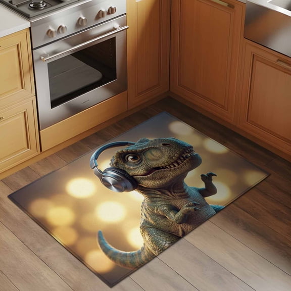 Abstract Art 2x3 Rug for Entryway Front Door Kitchen Sink Area, Headphone Dinosaur Funny Animal Farmhouse Low Pile Washable Non Slip Rectangle Area Rug