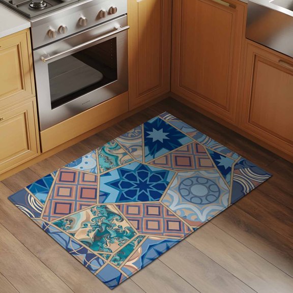 Abstract Art 2x3 Rug for Entryway Front Door Kitchen Sink Area, Orange Blue Geometric Flower Line Patchwork Low Pile Washable Non Slip Rectangle Area Rug