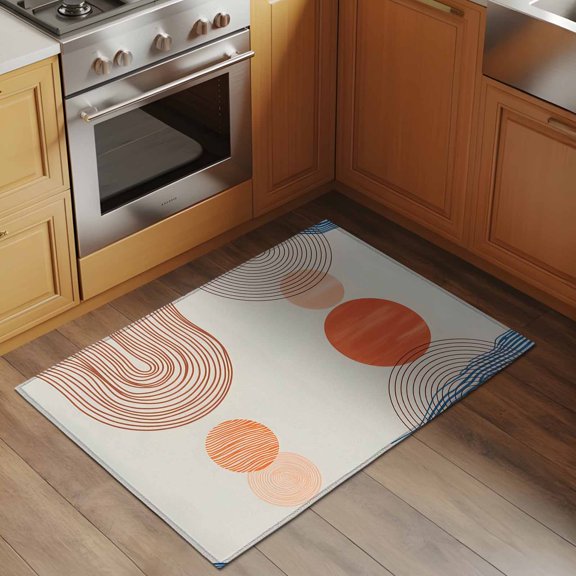Abstract Art 2x3 Rug for Entryway Front Door Kitchen Sink Area, Sunset Orange Blue Line Circle Geometric Modern Low Pile Washable Non Slip Rectangle Area Rug