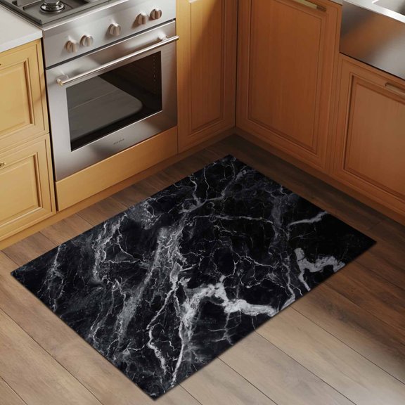 Abstract Art 2x3 Rug for Entryway Front Door Kitchen Sink Area, Dark Black Marble Texture Modern Simple Low Pile Washable Non Slip Rectangle Area Rug