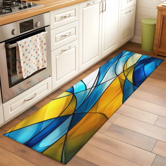 Abstract Art 2x6 Runner Rug for Hallway Walkway Kitchen Galley, Blue Yellow Gradient Wavy Lines Geometric Modern Low Pile Washable Non Slip Long Area Rug