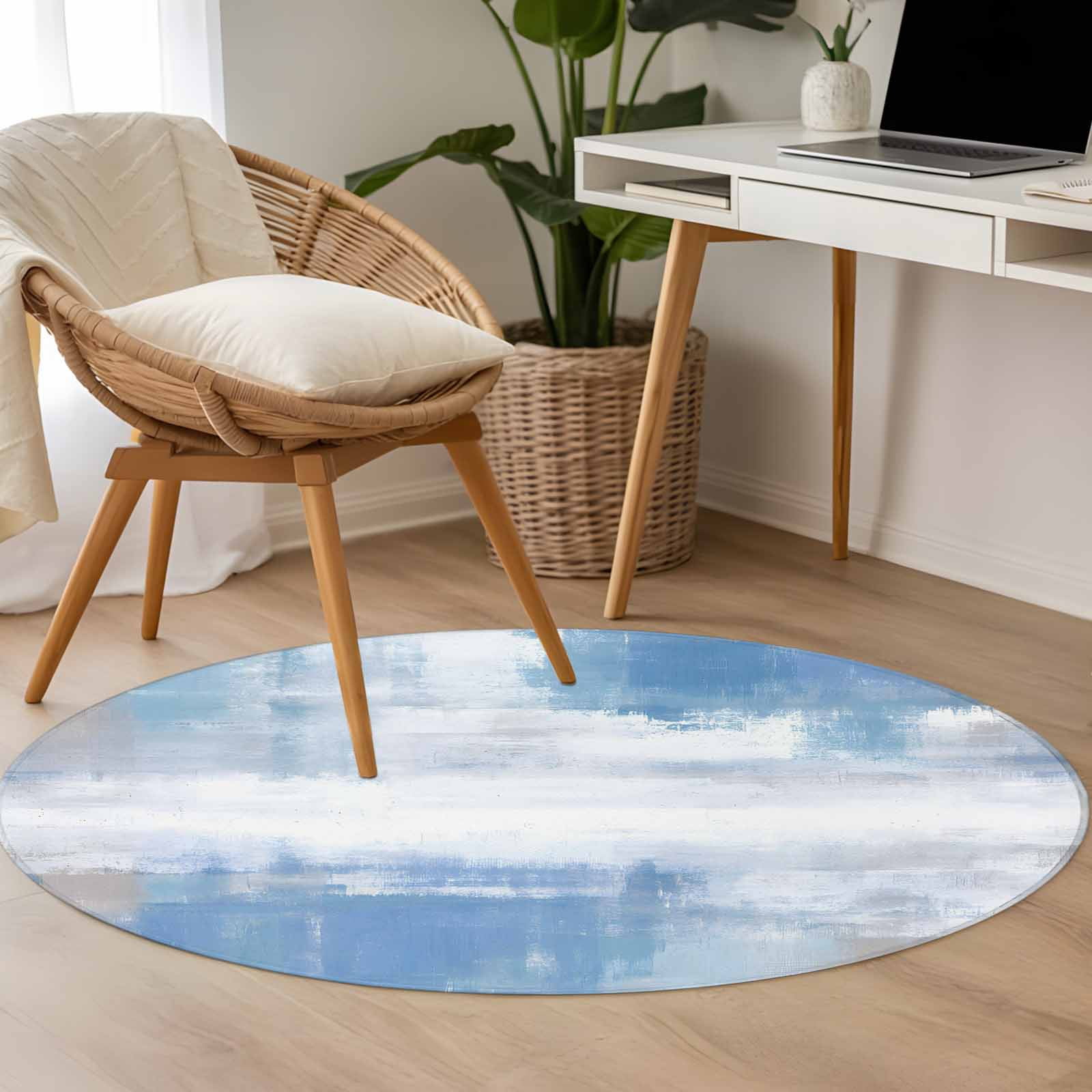 Abstract Art 3.3ft Round Rug for Bedroom Reading Corner, Blue White ...