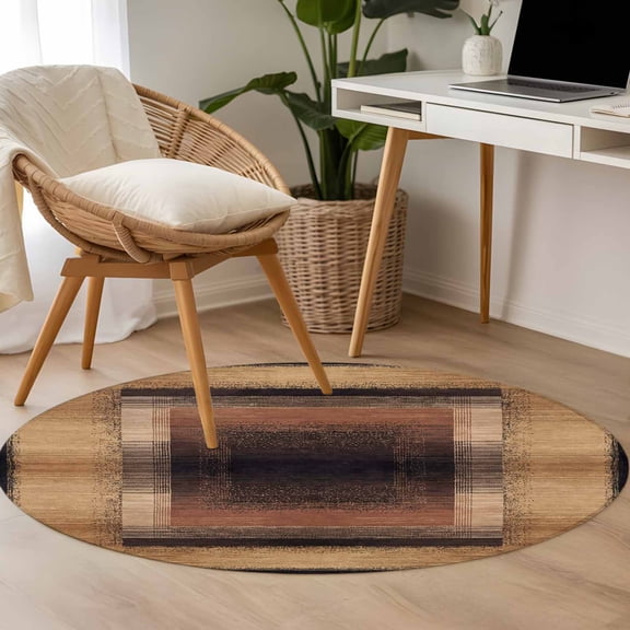Abstract Art 3.3ft Round Rug for Bedroom Reading Corner, Brown and Black Mottled Texture Geometric Plaid Washable Non Slip Circle Area Rug