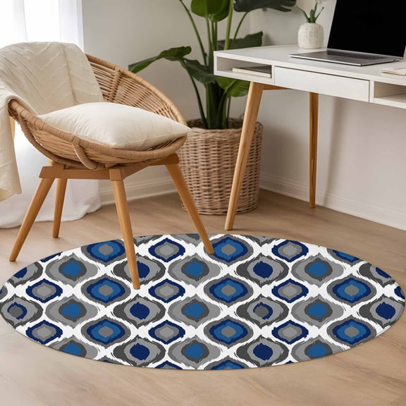Abstract Art 3.3ft Round Rug for Bedroom Reading Corner, Modern Diamond Patterns Blue White Grey Geometric Washable Non Slip Circle Area Rug