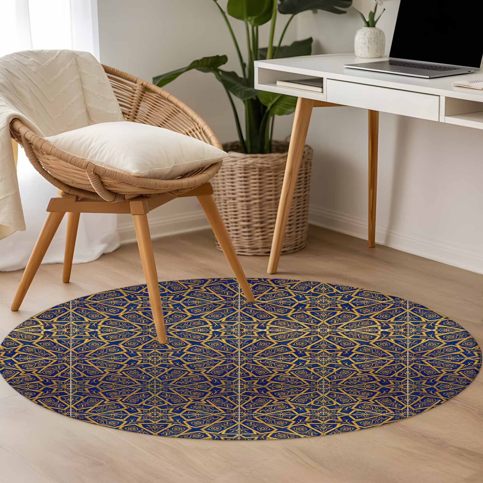 Reading Rug Drawing Abstract Art 3.3ft Round Rug for Bedroom Reading Corner, Retro Golden ...