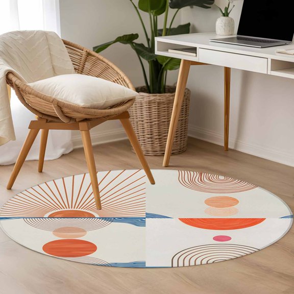 Abstract Art 3.3ft Round Rug for Bedroom Reading Corner, Sunset Orange Blue Line Circle Geometric Modern Washable Non Slip Circle Area Rug