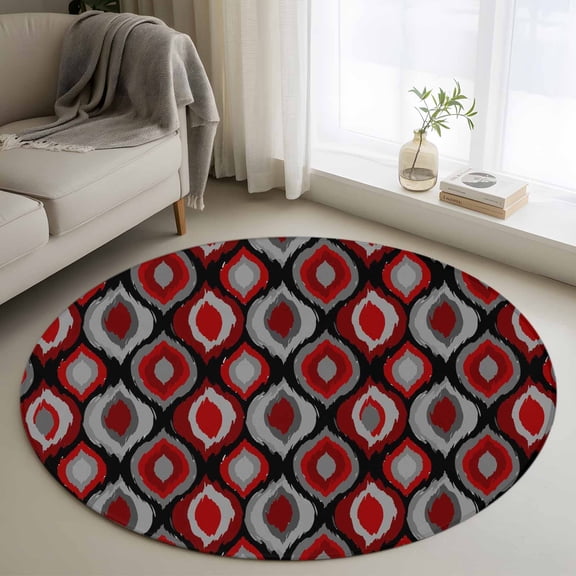 Abstract Art 3FT Round Area Rugs Modern Diamond Patterns Red Black Grey Geometric Soft Small Round Rug Non-Slip, Ultra-Thin Indoor Circle Carpet for Bedroom Entryway Kitchen Bathroom
