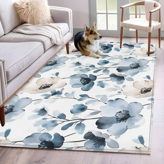 Abstract Art 3x5 Area Rugs for Living Room, Blue Brown Watercolor Flowers Petals Vintage Non Slip Floor Mat Washable Low-Profile Indoor Carpet for Bedroom, Dining Room, Bathroom