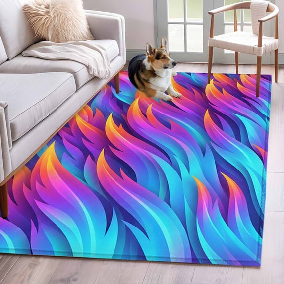 Abstract Art 3x5 Area Rugs for Living Room, Blue Purple Yellow Gradient Flame Texture Modern Non Slip Floor Mat Washable Low-Profile Indoor Carpet for Bedroom, Dining Room, Bathroom