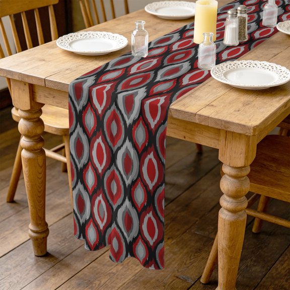 Abstract Art 4.5ft Cheesecloth Table Runner for Wedding 19"x55", Modern Diamond Patterns Red Black Grey Geometric Kitchen Dinner Sheer Tulle Chiffon Dresser Scarf, Holiday Party Decorations