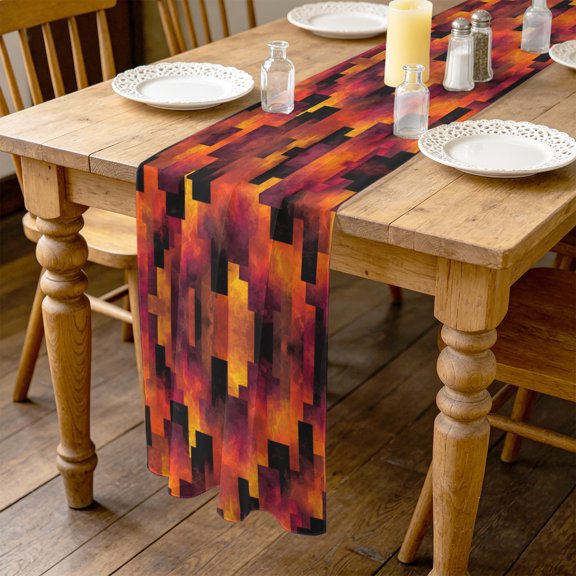 Abstract Art 4.5ft Cheesecloth Table Runner for Wedding 19"x55", Red Black Gradient Flames Vertical Blocks Modern Kitchen Dinner Sheer Tulle Chiffon Dresser Scarf, Holiday Party Decorations