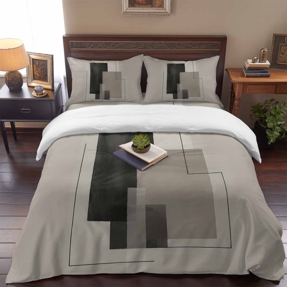 Abstract Art 4 Piece Bedding Set, Black Brown Geometric Striped Color Block Modern California King Size Duvet Cover Set with Zipper Closure & Corner Ties Soft Breathable Comforter Cover for Bedroom