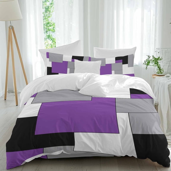 Abstract Art 4 Piece Duvet Cover Set Queen Size Patchwork Purple Black and Grey Soft Bedding Set Comforter Cover, 1 Duvet Cover 1 Flat Sheets and 2 Pillowcases