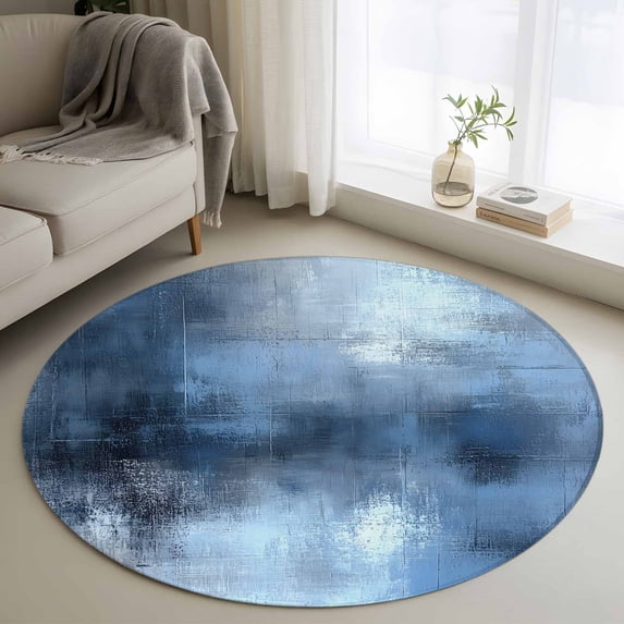 Abstract Art 4FT Round Area Rugs for Living Room 111 Retro Gradient Blue Watercolor Ultra-Thin Non-Slip Round Rugs Machine Washable Low Pile Circle Carpet for Bedroom Kitchen Nursery