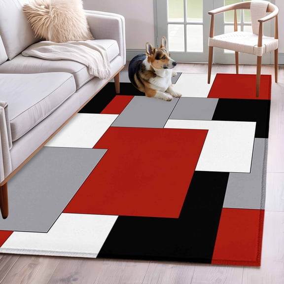 Abstract Art 4x6 Area Rugs for Living Room, Patchwork Red Black and Grey Non Slip Floor Mat Washable Low-Profile Indoor Carpet for Bedroom, Dining Room, Bathroom