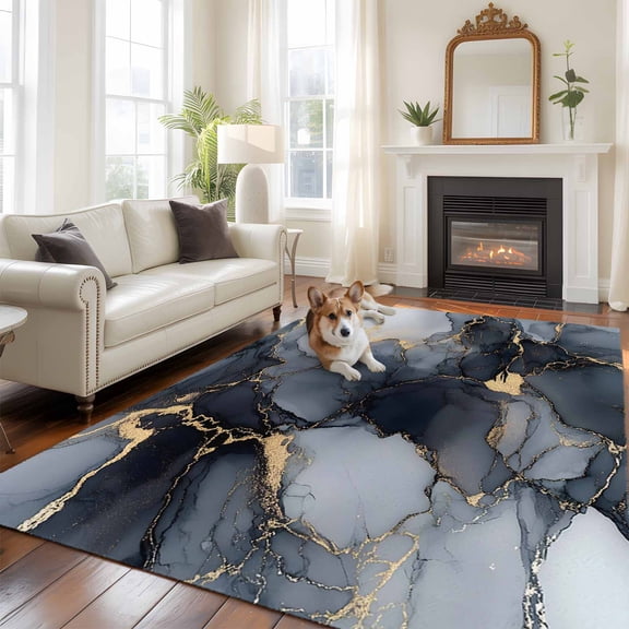 Abstract Art 5x7 Area Rugs for Living Room, Black Gold Gradient Marble Texture Non Slip Floor Mat Washable Low-Profile Indoor Carpet for Bedroom, Dining Room, Bathroom