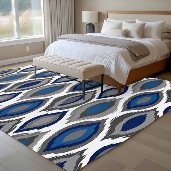 Abstract Art 6x9 Rug for Dining Room Table and Chair Setup, Modern Diamond Patterns Blue White Grey Geometric Low Pile Washable Non Slip Rectangle Area Rug