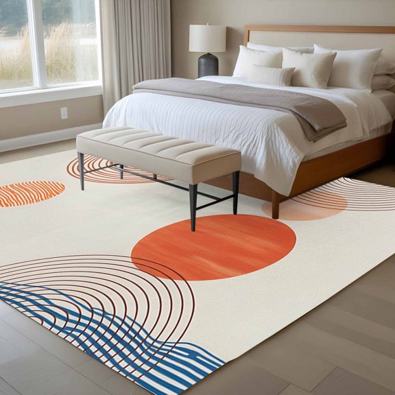 Abstract Art 6x9 Rug for Dining Room Table and Chair Setup, Sunset Orange Blue Line Circle Geometric Modern Low Pile Washable Non Slip Rectangle Area Rug