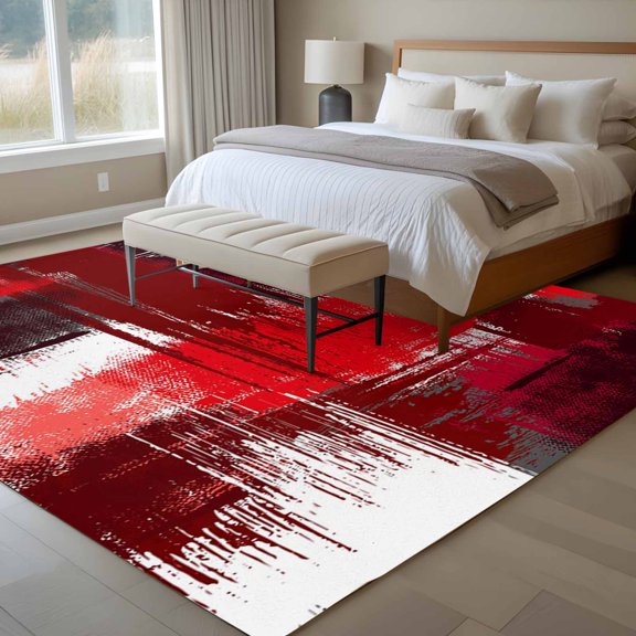 Abstract Art 6x9 Rug for Dining Room Table and Chair Setup, Vintage Red Gray Mottled Color Block Oil Painting Low Pile Washable Non Slip Rectangle Area Rug