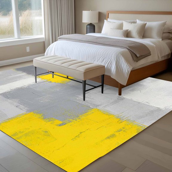Abstract Art 6x9 Rug for Dining Room Table and Chair Setup, Yellow Grey Graffiti Painting Mottled Texture Low Pile Washable Non Slip Rectangle Area Rug
