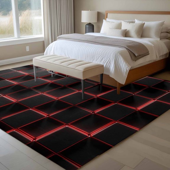 Abstract Art 6x9 Rug for Dining Room Table and Chair Setup, Black Red Cubes Modern Decoration Geometric Low Pile Washable Non Slip Rectangle Area Rug