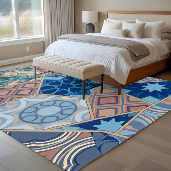 Abstract Art 6x9 Rug for Dining Room Table and Chair Setup, Orange Blue Geometric Flower Line Patchwork Low Pile Washable Non Slip Rectangle Area Rug