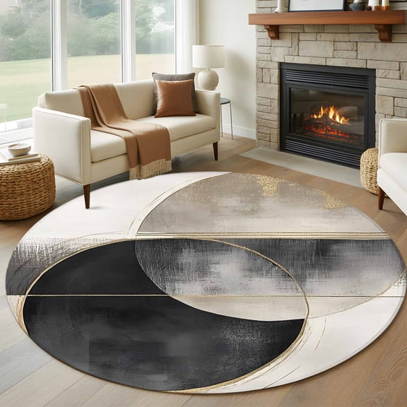 Abstract Art 7FT Round Area Rugs for Living Room Mottled Geometric Moon Black Gold Circle Striped Ultra-Thin Non-Slip Round Rugs Machine Washable Low Pile Circle Carpet for Bedroom Kitchen Nursery