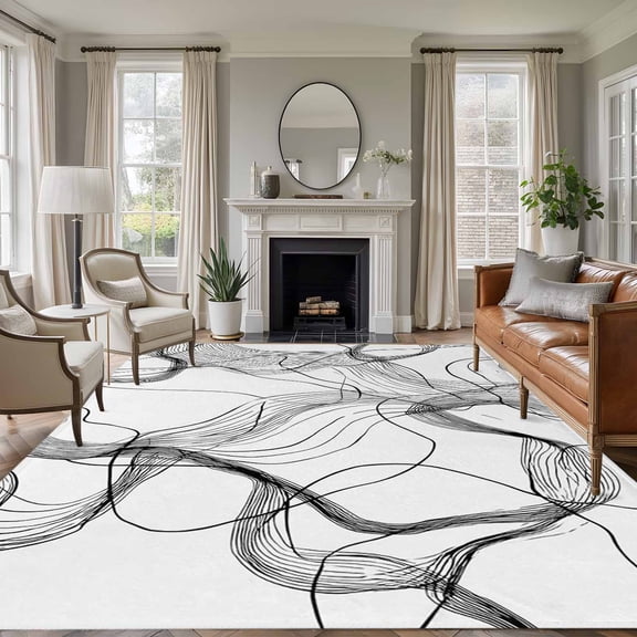 Abstract Art 8'x10' Large Area Rugs Black and White Minimalist Line Waves Modern Washable Area Rugs Non-Slip Indoor Floor Mats Large Carpet for Living Room Bedroom Dining Room