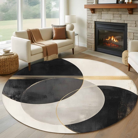 Abstract Art 8FT Round Area Rugs for Living Room Black Gold Circle Moon Stripe Mottled Geometric Ultra-Thin Non-Slip Round Rugs Machine Washable Low Pile Circle Carpet for Bedroom Kitchen Nursery