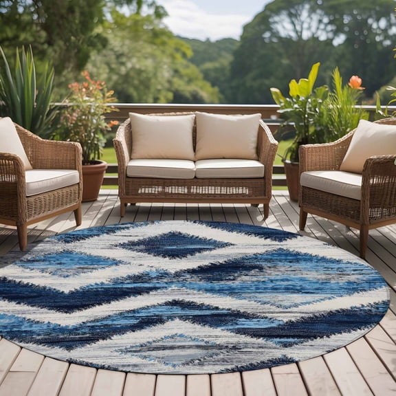 Abstract Art 8ft Round Rug for Open Concept Living Room Seating Zone, Blue White Gray Geometric Vintage Modernism Washable Non Slip Large Circle Area Rug