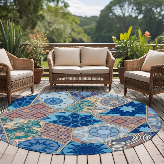 Abstract Art 8ft Round Rug for Open Concept Living Room Seating Zone, Orange Blue Geometric Flower Line Patchwork Washable Non Slip Large Circle Area Rug