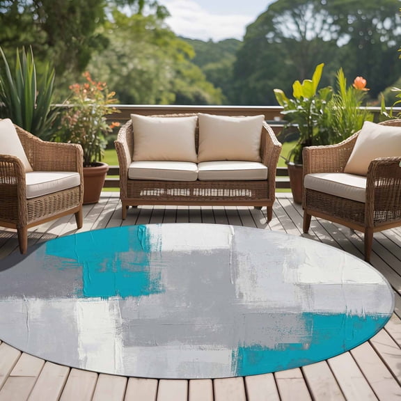 Abstract Art 8ft Round Rug for Open Concept Living Room Seating Zone, Retro Blue Grey Graffiti Painting Mottled Texture Washable Non Slip Large Circle Area Rug