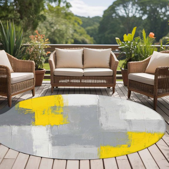 Abstract Art 8ft Round Rug for Open Concept Living Room Seating Zone, Yellow Grey Graffiti Painting Mottled Texture Washable Non Slip Large Circle Area Rug